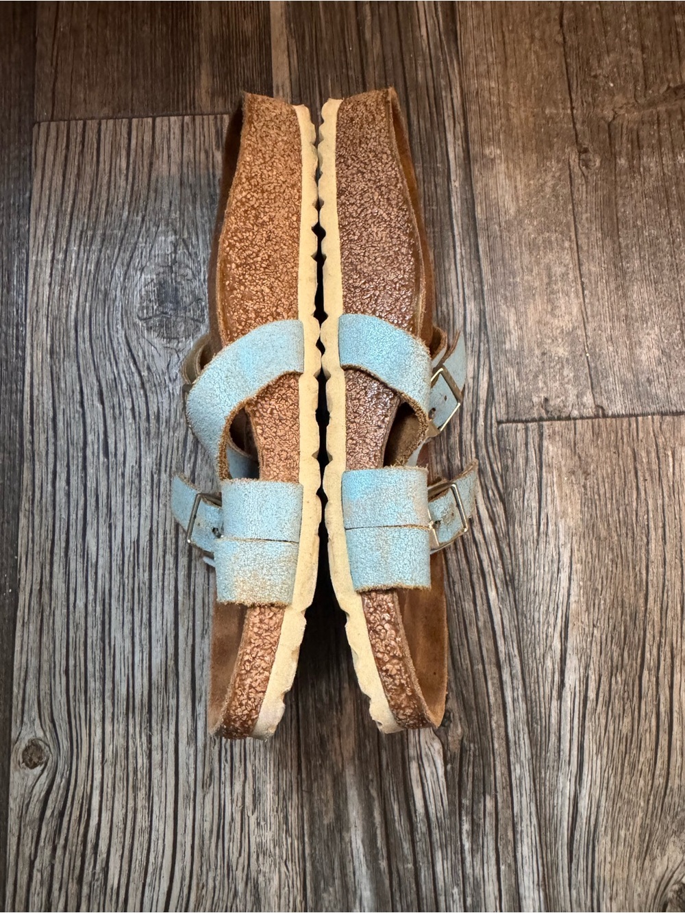 Birkenstock Light Blue Cross-Strap Sandals with Gold Buckles Size 39 - Picture 4 of 5